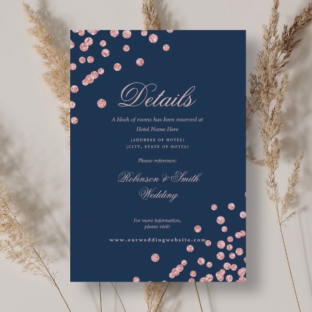 Ro Guld Confetti Bröllop: marinblått fartyg Tilläggskort (Rose Gold Confetti Wedding Details Navy Blue Enclosure Card)