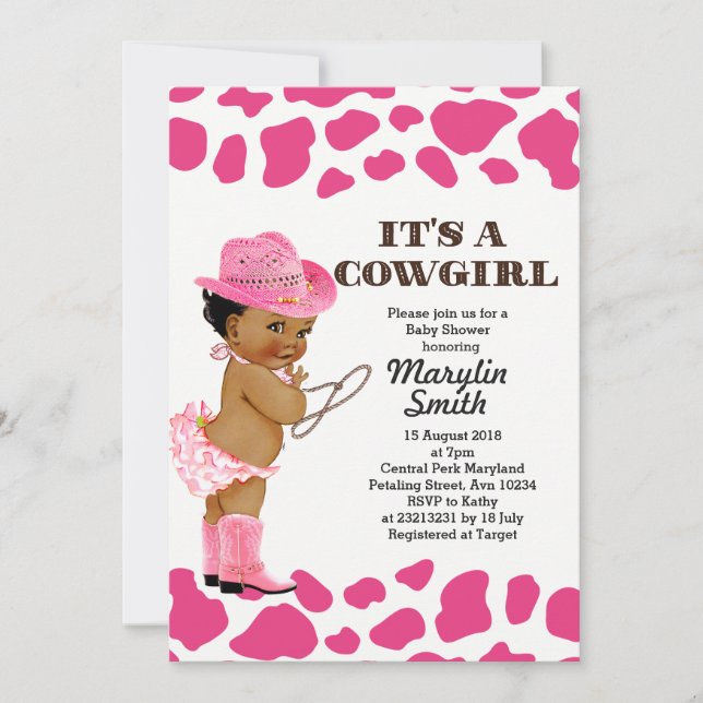 Ro Guld Cowgirl Cow Print Baby Shower Inbjudningar (Framsida)