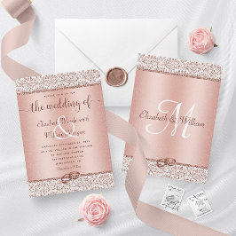 Ro Guld Damask Glitter Monogram Elegant bröllop Inbjudningar