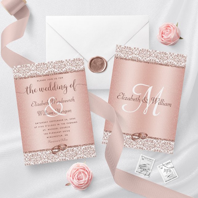 Ro Guld Damask Glitter Monogram Elegant bröllop Inbjudningar (Skapare uppladdad)