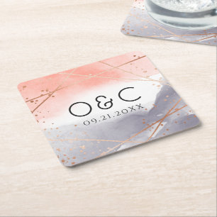Ro Guld Dawn Watercolor Geometric Bröllop Underlägg Papper Kvadrat