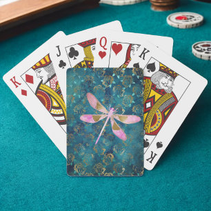 Ro Guld Dragonfly på Turquise Blommigt Background Casinokort