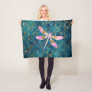 Ro Guld Dragonfly på Turquise Blommigt Background Fleecefilt