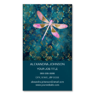 Ro Guld Dragonfly på Turquise Blommigt Background Magnetiska Visitkort
