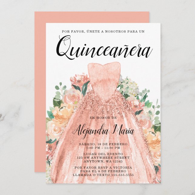 Ro Guld Dress Blommigt Quinceanera Spanska Inbjudningar (Fram/baksida)
