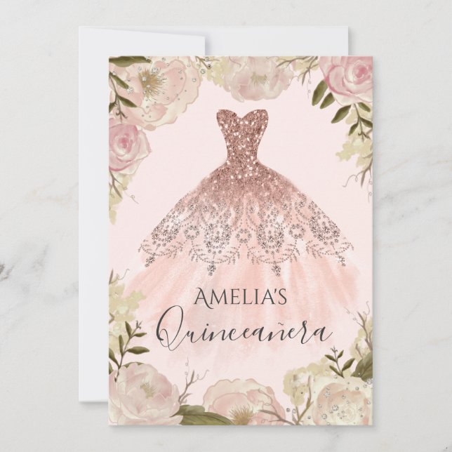 Ro Guld Dress Blommigt Ro Quinceanera Inbjudan (Framsida)