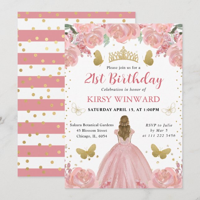 Ro Guld Dress Blonde Hair Princess Birthday Inbjudningar (Fram/baksida)