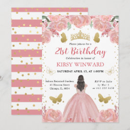 Ro Guld Dress Brunette Hair Princess Birthday Inbjudningar