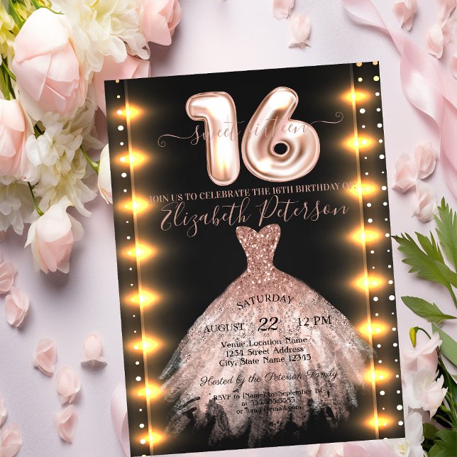 Ro Guld Dress Confetti Ljus Sweet 16 Inbjudningar (Skapare uppladdad)