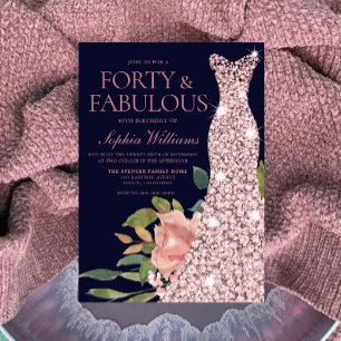 Ro Guld Dress Flowers Navy 40:e födelsedagen Inbjudningar