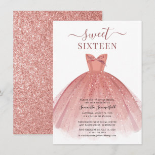 Ro Guld Dress Glitter Sweet 16 Birthday Inbjudningar
