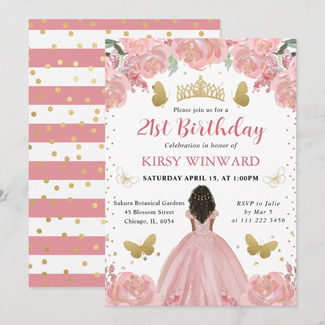 Ro Guld Dress Mörk Skin Princess Birthday Inbjudningar (Fram/baksida)