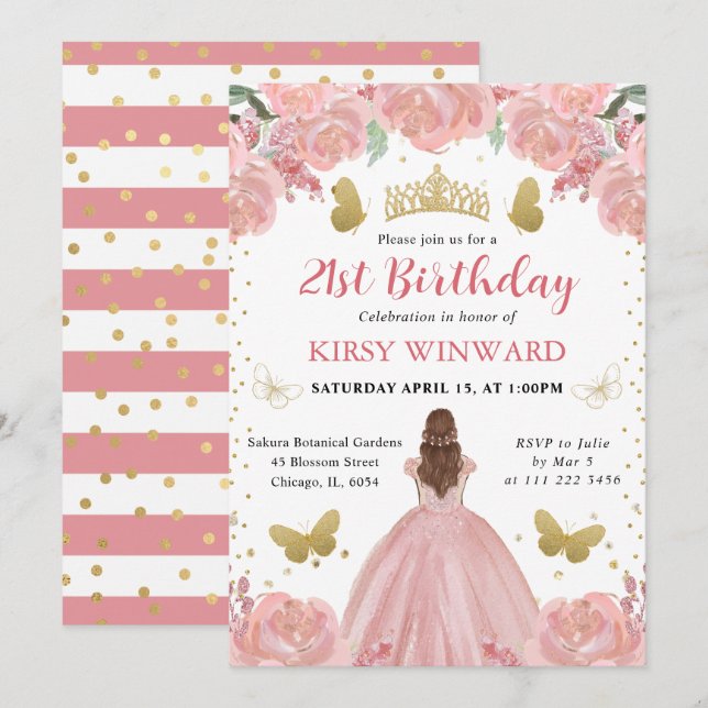 Ro Guld Dress Red Hair Princess Birthday Inbjudningar (Fram/baksida)