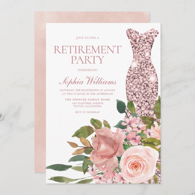 Ro Guld Dress  Rosa Blommigt Pension Party Inbjudningar (Fram/baksida)