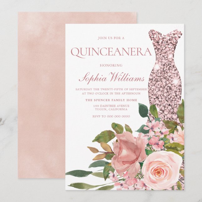 Ro Guld Dress &  Rosa Flowers Quinceanera Inbjudningar (Fram/baksida)