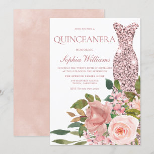 Ro Guld Dress & Rosa Flowers Quinceanera Inbjudningar