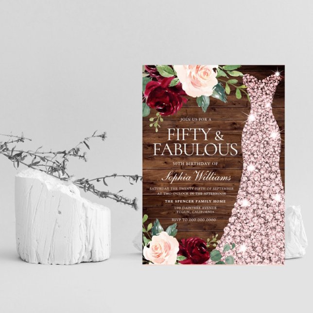 Ro Guld Dress  Rustic 50:e Födelsedagsfesten Inbjudningar (Skapare uppladdad)