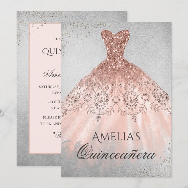 Ro Guld Dress Silver Gnistra Quinceanera Inbjudan (Fram/baksida)
