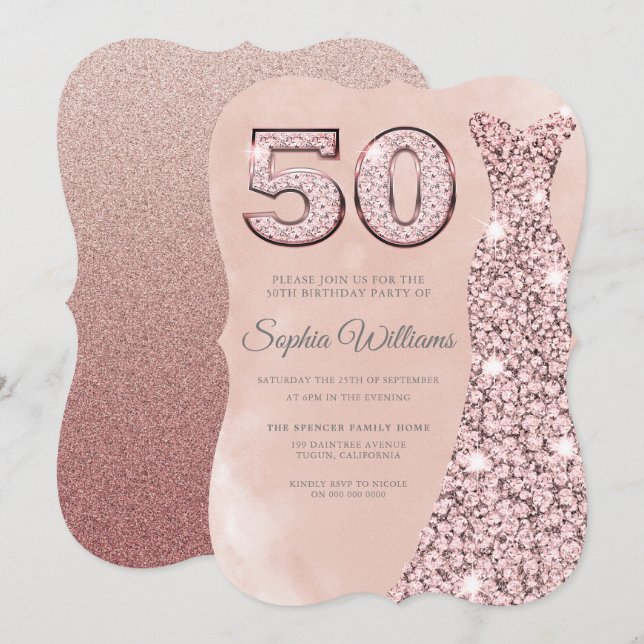 Ro Guld Dress  vattenfärg 50:e födelsedagen Inbjudningar (Fram/baksida)