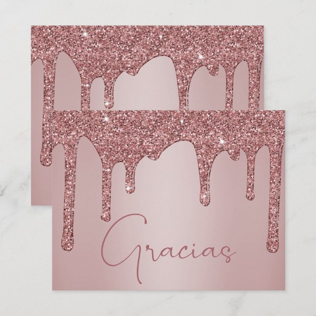 Ro Guld Dripping Glitter Quinceanera Gracias Tack Kort (Fram/baksida)