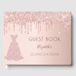 Ro guld droppar rosa Quinceanera i glitter Gästböcker