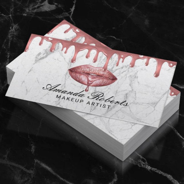 Ro Guld-dropparsten Läppar White Marble Makeup Art Visitkort (Skapare uppladdad)