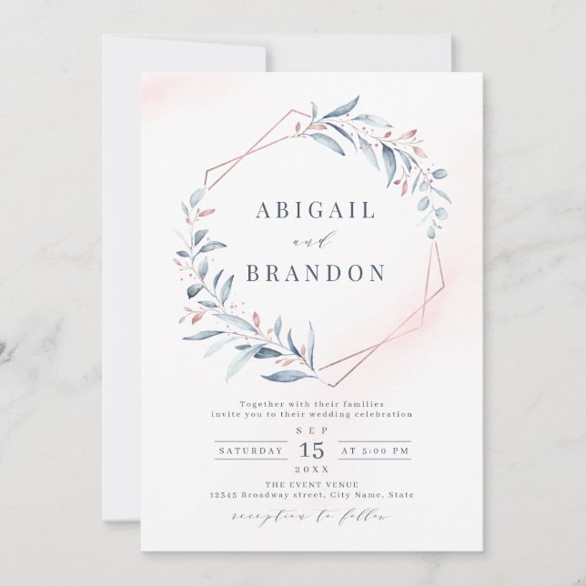 Ro Guld Dusty Blue Greenery Geometric Bröllop Inbjudningar (Framsida)