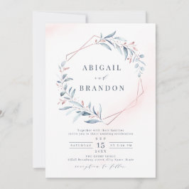 Ro Guld Dusty Blue Greenery Geometric Bröllop Inbjudningar