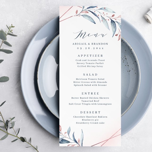 Ro Guld Dusty Blue Greenery Geometric Bröllop Meny (Rose Gold Dusty Blue Greenery Geometric Wedding Menu)