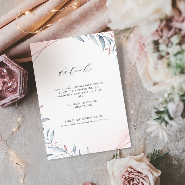 Ro Guld Dusty Blue Greenery Geometric Bröllop Tilläggskort (Rose Gold Dusty Blue Greenery Geometric Wedding Enclosure Card)