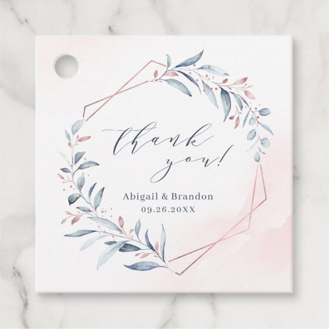 Ro Guld Dusty Blue Greenery Geometric Tack Gåvor Etiketter (Framsida)