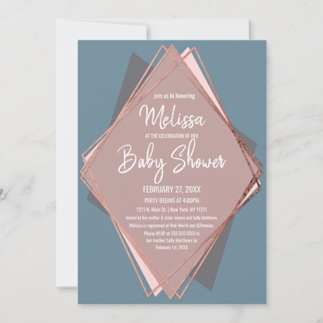 Ro Guld Dusty Blue Mauve Geometric Baby Shower Inbjudningar (Framsida)