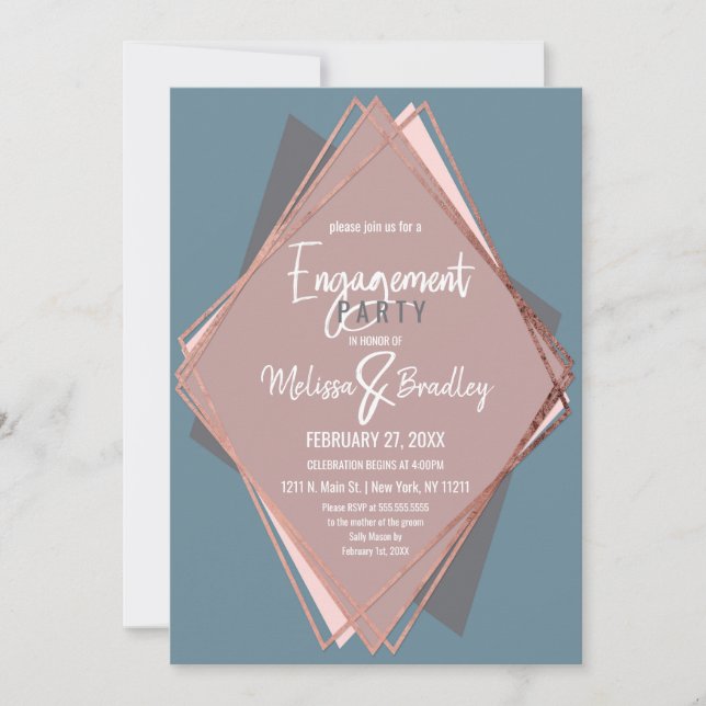 Ro Guld Dusty Blue Mauve Geometric Förlovning Inbjudningar (Framsida)