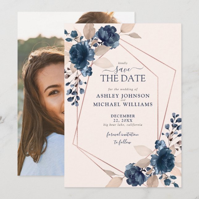 Ro Guld Dusty Rosa Navy Foto Save Date Spara Datumet (Fram/baksida)