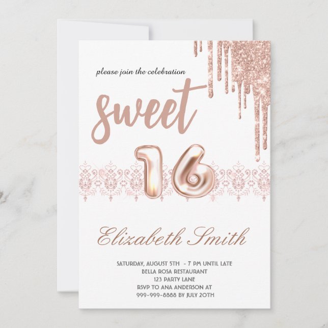 Ro guld elegance, ro guld sweet sixteen inbjudningar (Framsida)