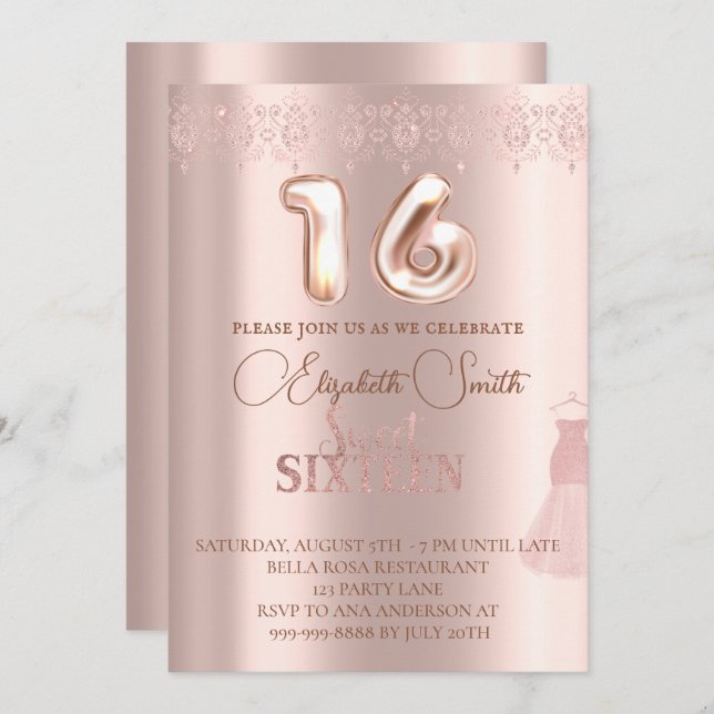 Ro guld elegance, sweet sixteen inbjudningar (Fram/baksida)