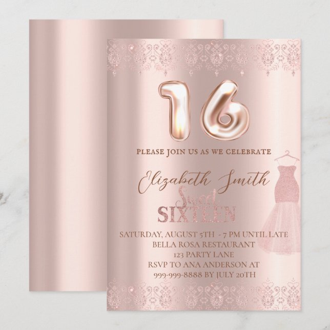Ro guld elegans, inbjudan till sweet sixteen (Fram/baksida)