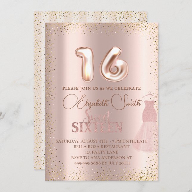 Ro guld elegans, inbjudan till sweet sixteen (Fram/baksida)