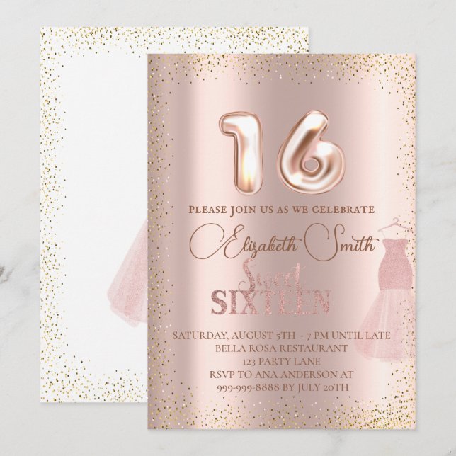 Ro guld elegans, inbjudan till sweet sixteen (Fram/baksida)