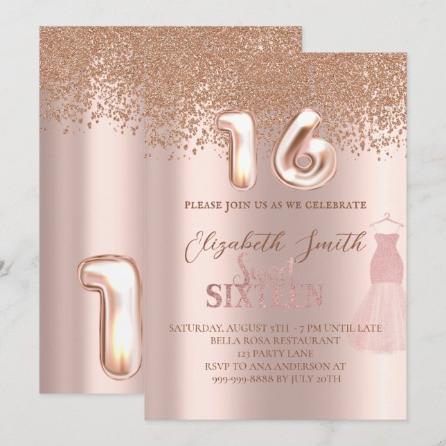 Ro guld elegans, inbjudan till sweet sixteen (Fram/baksida)