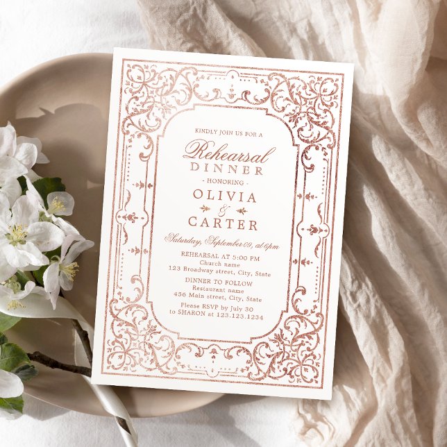 Ro guld elegant eller vintagens repetitionsmiddag  inbjudningar (Rose gold elegant ornate vintage rehearsal dinner invitation)