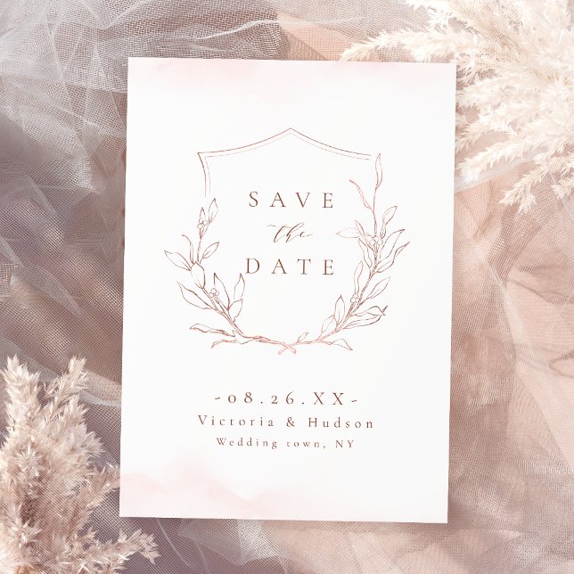 Ro guld, enkel elegans, botanisk vapensköld bröllo spara datumet (Rose gold simple elegance botanical crest wedding save the date)