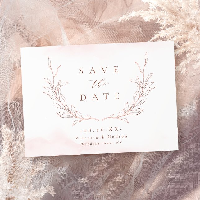 Ro guld, enkel elegans, botaniskt löv bröllop spara datumet (Rose gold simple elegance botanical leaves wedding save the date)
