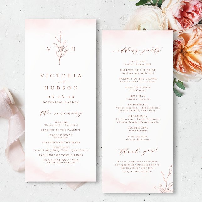 Ro guld, enkelt botaniskt monogram bröllop program (Rose gold simple botanical monogram wedding program)