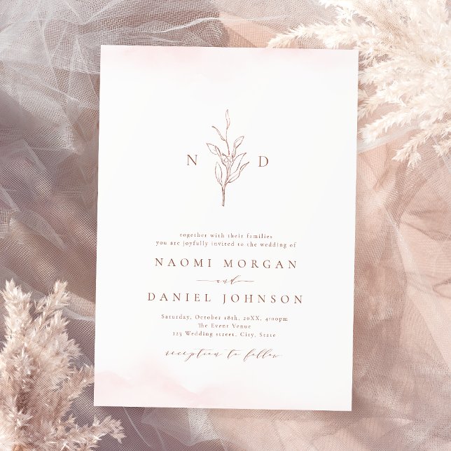Ro guld, enkelt botaniskt monogram, rustik bröllop inbjudningar (Rose gold simple botanical monogram rustic wedding invitation)