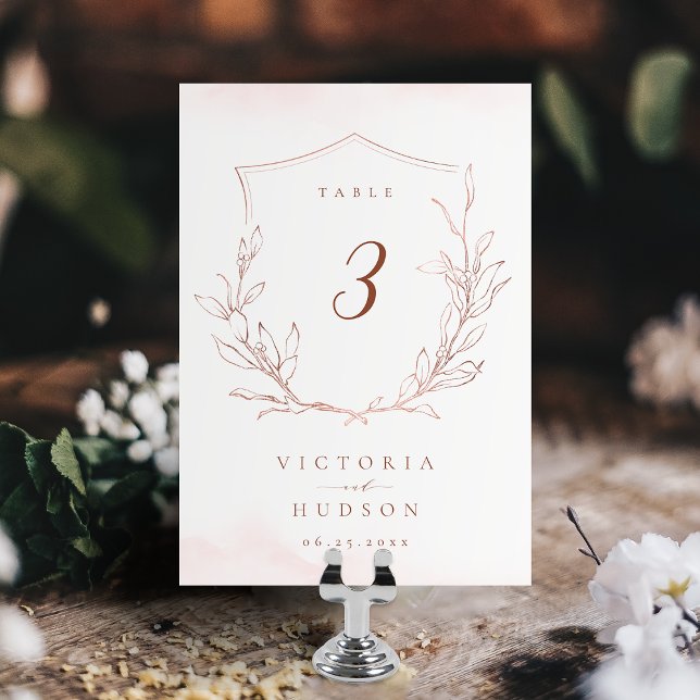 Ro guld, enkelt botaniskt vapensköld monogram bröl bordsnummer (Rose gold simple botanical crest monogram wedding table number)