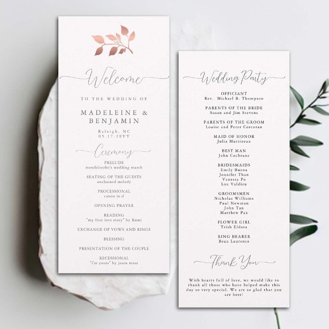 Ro Guld Eucalyptus Elegant Chic Bröllopsprogram (modern classic wedding ceremony program rose gold eucalyptus greenery foliage formal traditional)