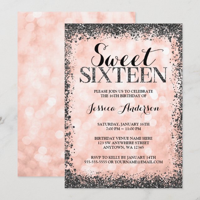 Ro Guld Faux Black Glitter Ljus Sweet 16 Inbjudningar (Fram/baksida)
