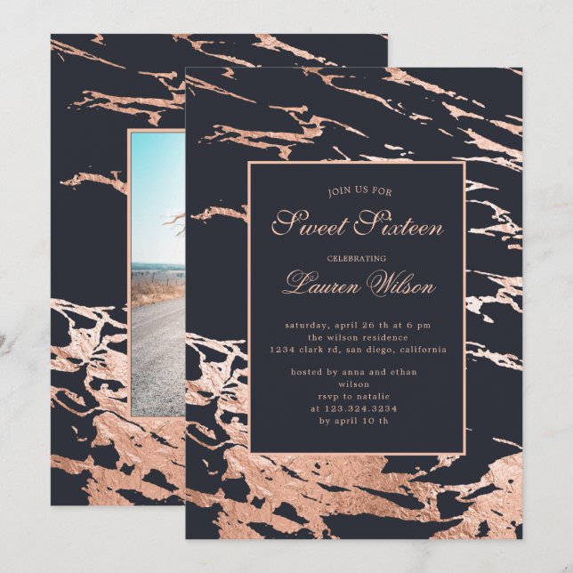 ro guld faux foil marmor Sweet sixteen Inbjudningar (Fram/baksida)