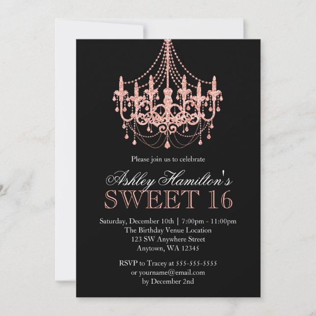 Ro Guld Faux Glitter Chandelier Sweet 16 Inbjudningar (Framsida)